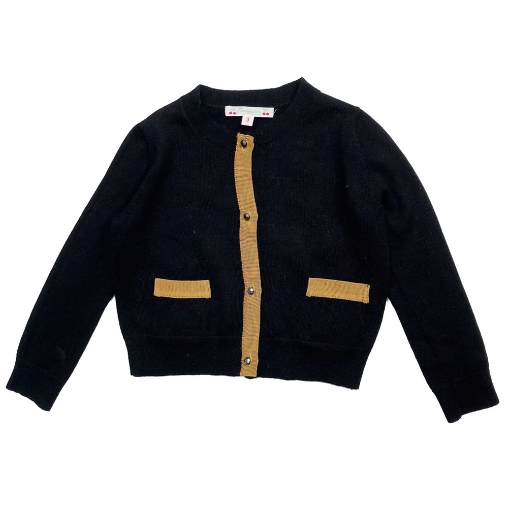 BONPOINT - BLACK WITH GROSGRAIN TRIM AND GEM/ RHINESTONE BUTTON CARDIGAN SWEATER